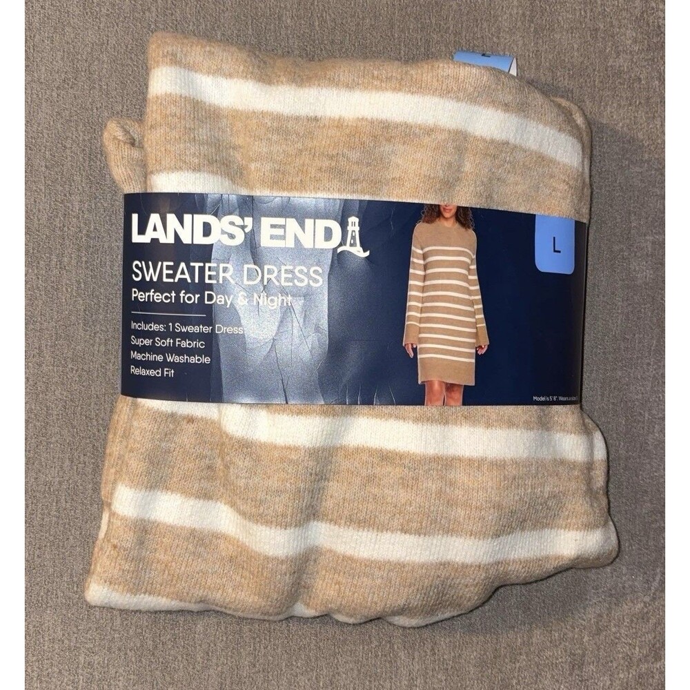 NWT Lands' End Women's Beige/White Striped Knit Sweater Dress Crew Neck L - Picture 2 of 3